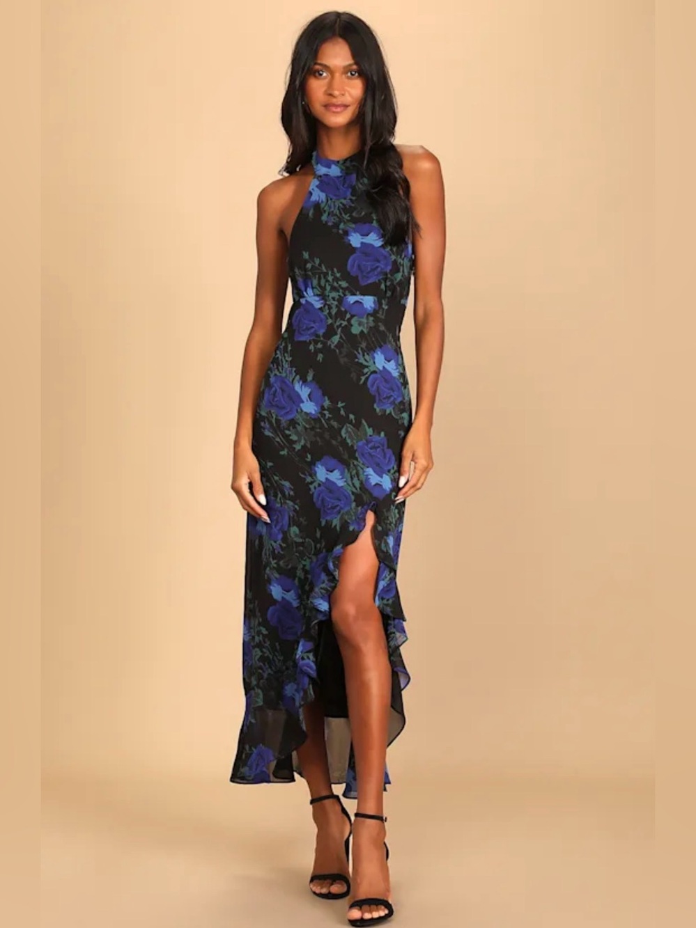 Lulus-Elegant Entrance Black Floral Print Halter Maxi Dress